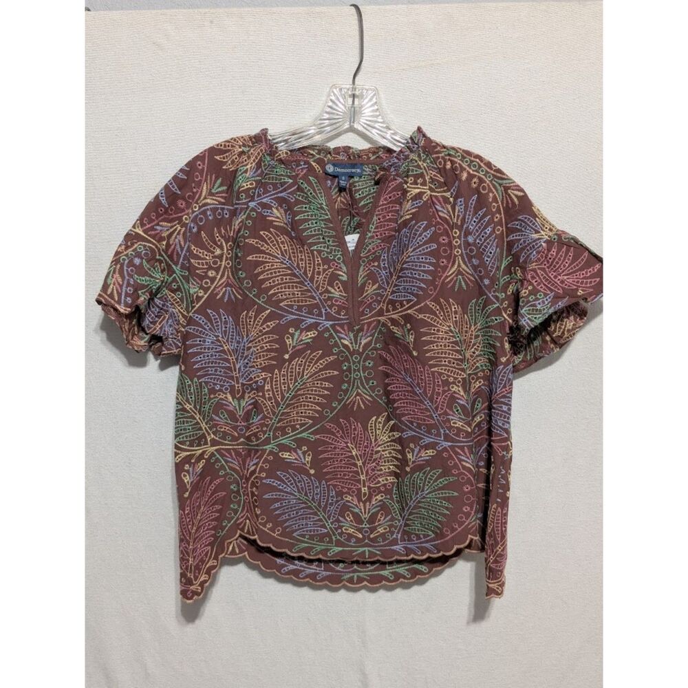 NWT Women's Democracy Floral Blouse Top Embroidered Brown Size Small